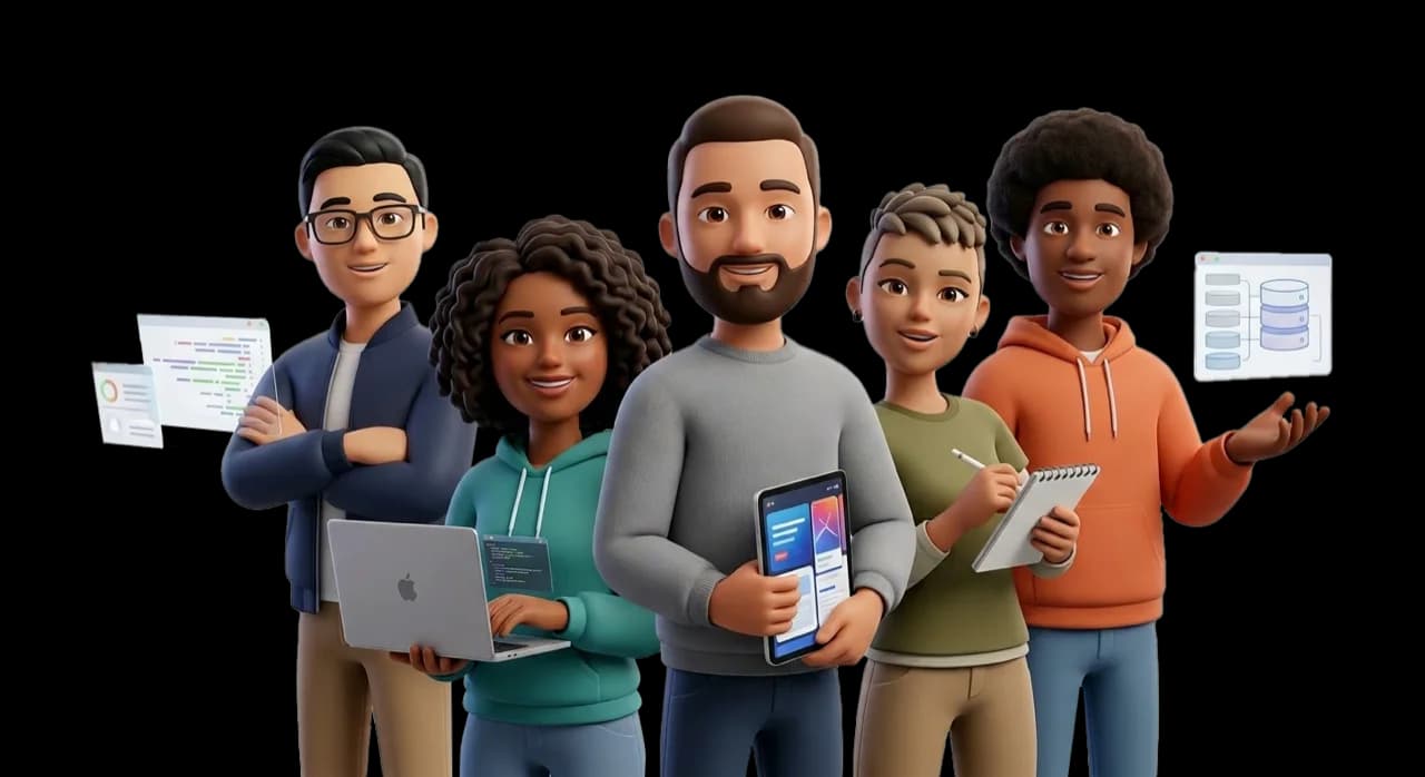 Illustration of Nura Dev students and mentors preparing for future tech careers